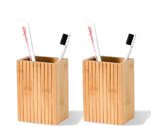 Fluted Bamboo Toothbrush Holder 2 Pack, Square Minimal Design by YURIAERY