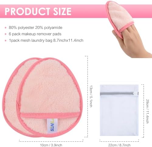 SINLAND Reusable Makeup Remover Pads Pink 6 Pack - Image 2