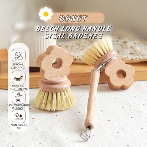 Kitchen Natural Beechwood Dish Brush with Handle Sisal Bristle Fruit Vegetable Scrubber Small Wooden Brush Designed for Cleaning Pot, Pan, Plate, Bowl and Utensil (Handle, Flower Shaped) - Image 6