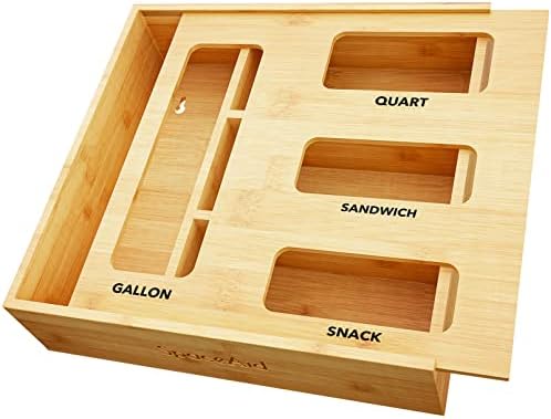 SpaceAid Bag Storage Organizer for Kitchen Drawer, Bamboo Organizer, Compatible with Gallon, Quart, Sandwich and Snack Variety Size Bag (1 Box 4 Slots) by SpaceAid