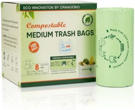 OrangeBio 8 Gallon Compostable Trash Bags, 100 Count, BPI Home Certified by OrangeBio