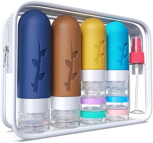 DEPOZA Travel Bottles Kit (16 Pack) - TSA Approved, Leak Proof Silicone Squeezable Containers for Toiletries. Complete Set with Jars, Sprayers & Bag (Dark blue) by TravelingisaspiritualpracticeDepozawillaccompanyyouonyourspiritualpath