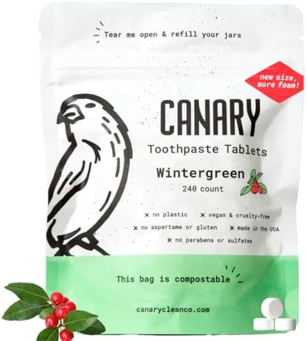 Canary Nano Hydroxyapatite Toothpaste Tablets Wintergreen - Remineralizing, Fluoride Free, All Natural Tabs with Xylitol - Great for Travel, Plastic Free - 240 Count by Canary