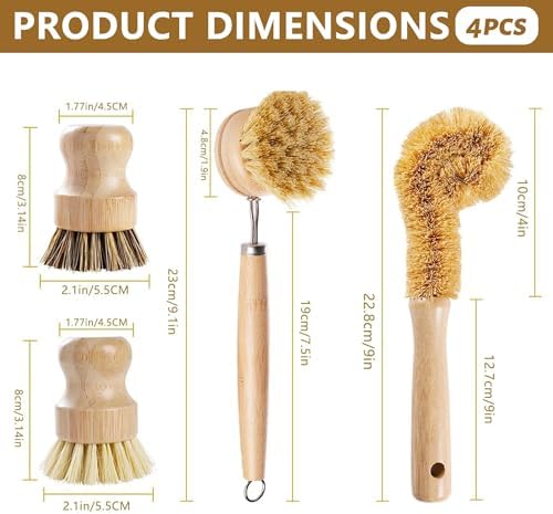 Wooden Dish Brush, 4-Piece Dish Brush Set, Natural Fiber Brushes With Wooden Handles, Non-scratch Coconut Palm & Sisal Bristles For Kitchen Cleaning, Natural Fiber - Image 2