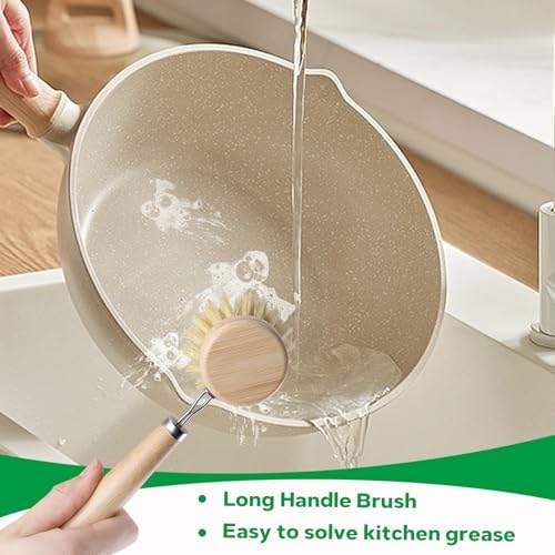 Bamboo Dish Brush Set - 5 Packs Natural Wooden Kitchen Brush, 4 Dish Scrubbers with One Replacement Head, Cleaning for Pots, Bottles and Vegetables - Image 4