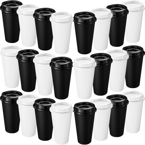Honeydak 45 Pack 16 oz Reusable Coffee Cups with Lids Water Bottle Iced Coffee Travel Mug Reusable Portable Plastic Tea Tumblers Bulk for Hot and Cold Drinks Birthdays Party(Classic,Black, White) by Honeydak