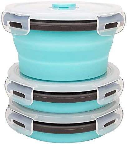 CCyanzi 3piece Round Collapsible Bowl with Lids, Silicone Food Storage Containers, Microwave & Freezer Safe, Space Saving for Kitchen Cabinet and Camping Backpack,(Blue Gray) by CCyanzi