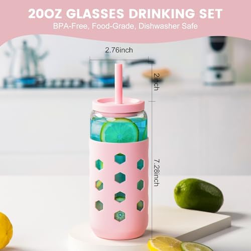 Mrsdry 20 oz Glass Cups with Lids and Straws for Gift, 4-Pack, Mint - Image 5