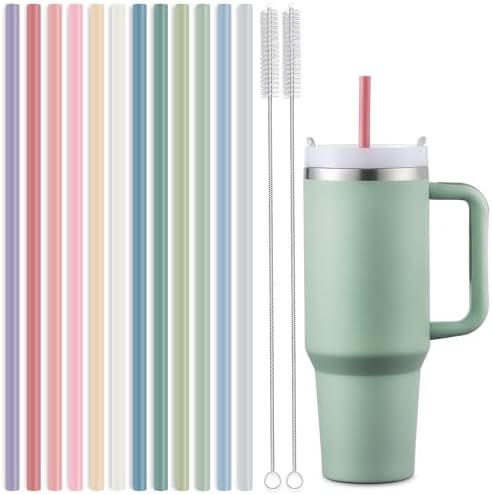 12-Pack Silicone Reusable Straws for Stanley 40 oz 30 oz Cup Tumbler, 12.2 inch Long Replacement Straws with 2 Cleaning Brushes by HIWARE