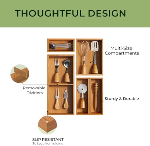 keechee 5-Piece Bamboo Drawer Organizer Set, 2.2" Deep Multi-Use Organizers for Utensils, Silverware, Cutlery, Desk, Bathroom, Junk Drawer & Makeup, Non-Slip Feet Included. - Image 3