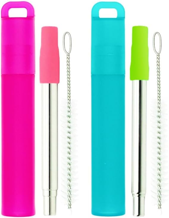 NAIVELY-Metal Reusable Straws, 2 Pack Collapsible Portable Stainless Steel Straws, with Plastic Housing Silicone Tips and Cleaning Brush, Retractable Portable Pocket Drinking Straws by NAIVELY