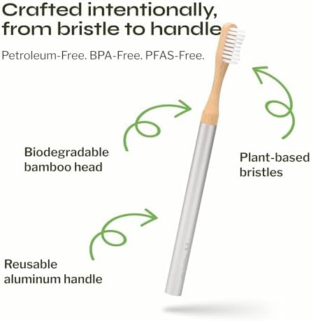 The Solo Toothbrush, Aluminum Handle Bamboo Toothbrush with Replaceable Bamboo Heads, 100% Plant-Based Castor Oil Bristles, No Nylon Bristles, Plastic-Free Handle, Natural Toothbrush for Adults - Image 3