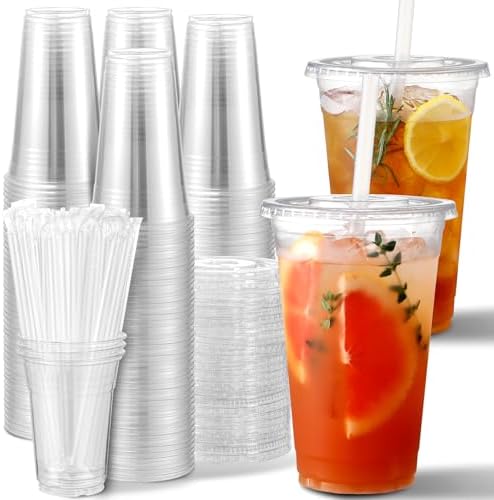 AOZITA [100 Sets] 20 oz Clear Plastic Cups With Lids and Straws, Iced Coffee Cups Disposable Cups for Iced Coffee, Smoothie, Milkshake and Cold Drinks by AOZITA