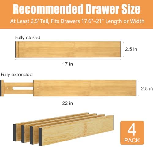 Bamboo Drawer Dividers, Adjustable Drawer Organizers, Fits 17.6–21" Drawers - Image 3