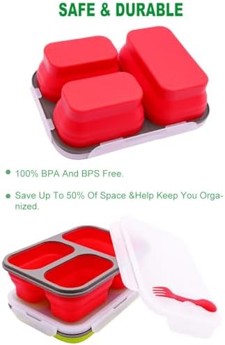 2 Pack Big Size Collapsible Silicone Bento Lunch Boxes With Lids Spoons Forks,3 Compartments, Divided Lunch Food Storage Containers, Safe in Microwave, Dishwasher and Freezer, 45.6oz, BPA Free - Image 4