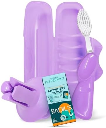 RADIUS Vacation Pastel Bundle, Includes Left Handed Big Brush with Replaceable Head, Toothbrush Travel Case, DOC Toothbrush Holder, Anywhere Travel Floss Packette, Lavender Purple, 4 Piece Bundle by RADIUSCorporation