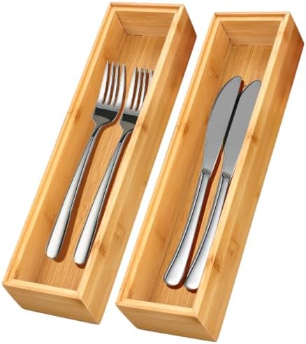 Kitchen Bamboo Drawer Organizer Set of 2, Small Narrow Stackable Drawer Organizer for Silverware, Utensils, Cutlery, Flatware, Junk Drawer, Dresser, Bathroom, 12" x 3" x 2" by Gtencemen