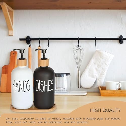 Glass Soap Dispenser Set, Hand Soap and Dish Soap Dispenser with Bamboo Tray. Vintage Soap Dispenser with Pump for Kitchen Drain Outlet and Bathroom. Stylish Permanent Labels (Matte Black&White) - Image 5