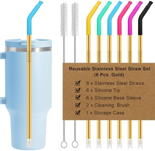Newly Upgraded 8.5In Reusable Stainless Steel Straws Set 6 PCS with12 Silicone Accessories, 2 Straw Brush, 1 Storage Case, BPA Free, Eco-Friendly Metal Straws for 14, 20, 30,40 oz Tumbler by Allforyourhealthylife