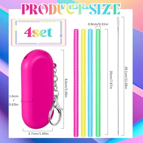 Meanplan 4 Sets Reusable Straws Travel Case Brush Silicone,Neon Colors - Image 2