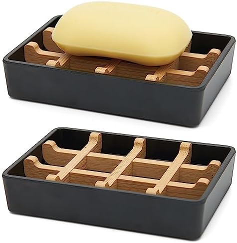 Bamboo Soap Dishes for Shower with Drainage Wooden Soap Bar Holder for Bathroom Soap Tray Easy to Clean, Durable and with Non-Slip Pads(Single Black Square) by Maqqet