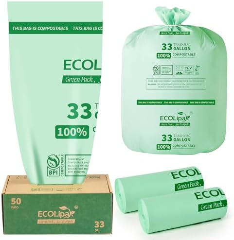 ECOLipak 33 Gallon 50 Count Large Compostable Trash Garbage Bags for Lawn by ECOLipak