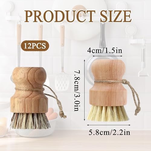 12 Pcs Bamboo Dish Brush Set, Palm Wooden and Sisal Bristles Dish Scrubber, Dish Brushes with Lanyard, Durable Wood Dishes Scrub, Natural Round Vegetable Cleaning Pots Pans Sink Washing Kitchen Brush - Image 2