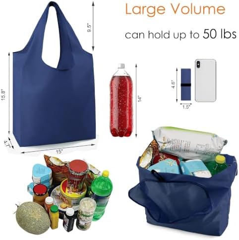 BeeGreen Navy Blue Reusable Grocery Bags Wholesale Reusable Kitchen Bags Bulk Foldable-Machine Washable with Zipper Storage Pouch 50 Packs - Image 3