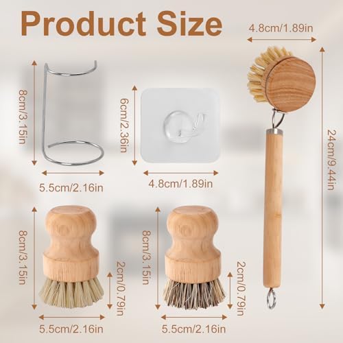 Bamboo Dish Brush Set, Natural Wooden Handle Dish Scrubber with 2PCS Mini Palm Brushes & Holders, Kitchen Brush with 1 Adhesive Hook for Pan Pots Dishes Vegetable - Image 2