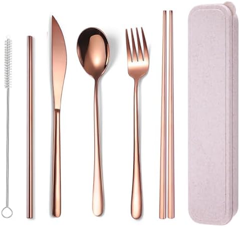AARAINBOW 6 Pieces 18/8 Stainless Steel Flatware Set Portable Reusable Cutlery Set Travel Utensils Set Including Chopsticks Knife Fork Spoon Straws Cleaning Brush Dishwasher Safe (Rose Gold) by AARAINBOW