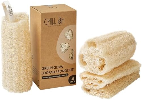 Chill Ah Green Glow Loofah Sponge Set – 100% Plant-Based, Dye-Free, Biodegradable, Scratch-Free, Handcrafted in Vietnam (2-Pack) by ChillAh