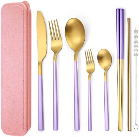 AARainbow 8 Pieces Stainless Steel Flatware Set Portable Reusable Cutlery Set Travel Utensils Set Including Chopsticks Knife Fork Spoon Straws Cleaning Brush Dishwasher Safe (B-Purple Golden) by AARAINBOW