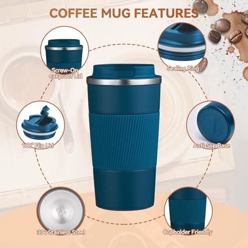 17OZ Travel Coffee Mug Insulated Coffee Cup with Spill Leak Proof Lid, Portable Stainless Steel Tumbler Reusable Hot and Cold Water Mug for Car, Daily, Camping- Blue - Image 5