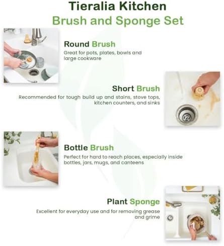 Tieralia Bamboo Dish Brush Gift Set – 5-Piece Kitchen Cleaning Set with Bottle Brush, Round Scrub Brush, Palm Brush & 2 Plant-Based Sponges | Wooden Handle Cleaning Tools for Dishes & Surfaces - Image 6