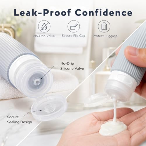 16 Pack Travel Bottles Set - TSA Approved Toiletry Bottles, Leak Proof Refillable Silicone Travel Size Containers with Jars, Spray Bottles, Funnel, Brush & Clear Bag for Carry-On, Camping & Vacation - Image 3