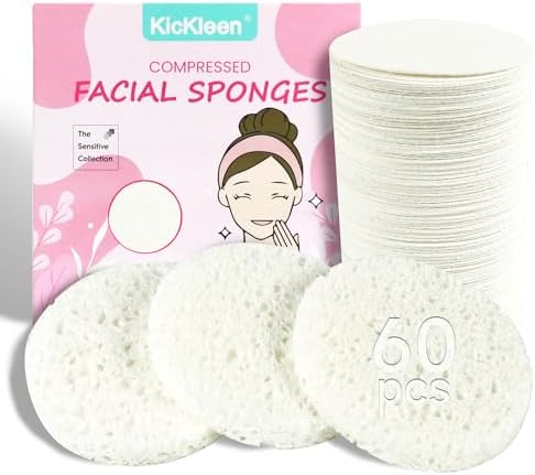 60-Count Compressed Facial Sponges|100% Natural Kickleen Cellulose Cosmetic Spa Sponges for Daily Facial Cleansing|Makeup and Mask Removal | Exfoliating | Skin Massage | Pore Exfoliation(White) by KICKLEEN