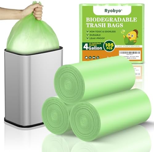 Biodegradable Small Trash Bags 4 Gallon, 105 Counts Unscented Bathroom Trash Bags, Easy Tearing Small Garbage Bags for Bathroom Bedroom Office, Green by RYOBYOTRASHBAGS