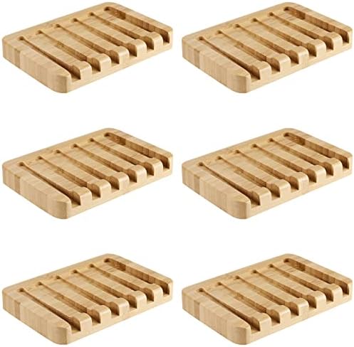 6 Pack Bamboo Soap Dishes, Self Draining Soap Tray with Slanted Waterfall Design, Bar Soap Holder for Shower, Bathroom, Kitchen, Sinks and Countertop, 5.1 x 3.5 x 0.7 Inch by SEHOI
