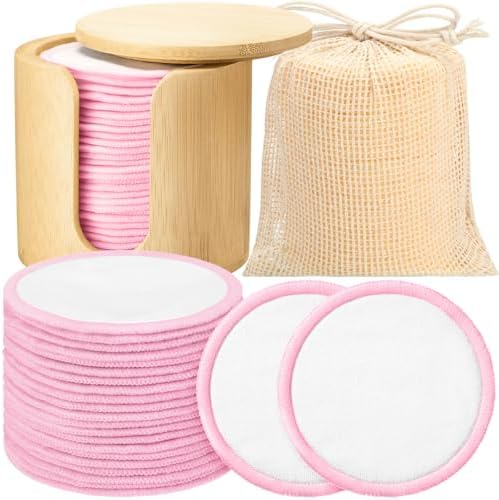Foaincore 40 Pcs Reusable Makeup Remover Pads with Mesh Storage Bag and Bamboo Box Washable Bamboo Cotton Rounds Soft Reusable Face Pad for Toner Skin Various Skin Care Products(White Pink) by Foaincore