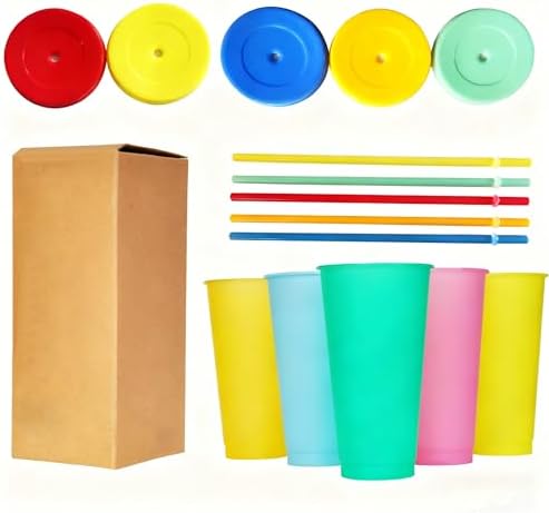 Color Changing Cups, 5 Pack 24oz Plastic Tumblers, Reusable Iced Coffee & Smoothie Cups with Lids and Straws for Parties and Travel (5 Change, 5 Packs) - Image 6