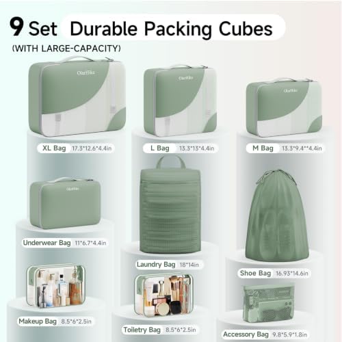 OlarHike Packing Cubes for Travel,Gifts for Women Mom,Anti-Tearing Suitcase Organizer for Luggage with Shoe & Hanging Toiletry Bag,Vacation Essentials & Accessories for Cruise Ship,9 Set,Matcha Green - Image 2