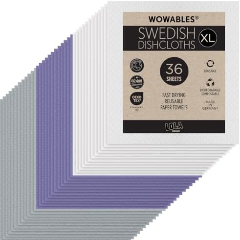 LOLA Swedish Dishcloths for Kitchen XL, 36 3x12 Sheet Rolls, Biodegradable, Compostable, Reusable Paper Towel Cleaning Cloths, 11" x 10" No Odor Washing Dishes, Ultra Absorbent Cellulose Sponge Towel by LolaProducts