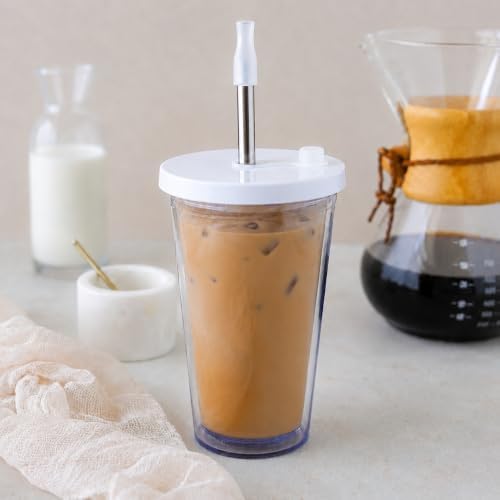 Reusable Iced Coffee Cup 16 Oz, Leakproof Iced Coffee Tumbler, Clear Plastic Tumbler with Lid and Straw, Double Wall Insulated, BPA-Free, No Sweat, for Hot and Cold Drinks - Image 3