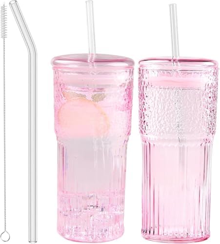 JunVpic Glass Coffee Tumbler, 20 oz Glass Cup with Lid and Straw by Junvpic
