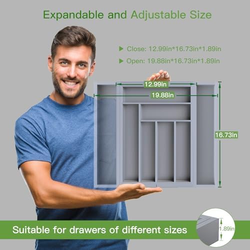 Pipishell Bamboo Expandable Drawer Organizer for Utensils Holder, Adjustable Cutlery Tray, Wood Drawer Dividers Organizer for Silverware, Flatware, Knives in Kitchen, Bedroom, Living Room(Grey) - Image 4