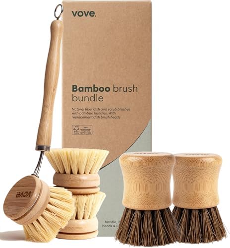 Vove Bamboo Dish Brush Bundle, Scrub Brush and 3 Replacement Heads by Vove