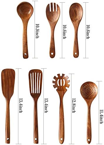 Wooden Kitchen Utensils set, 7Pcs Wooden Spoons for cooking Natural Teak Wood Kitchen Spatula Set for Cooking including Spoon Ladle Fork - Image 2