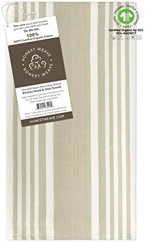 HONEST WEAVE GOTS Certified Organic Cotton Kitchen Hand and Dish Towel Sets - Oversized 20x30 inches, Fully Hemmed, in Designer Colors, 6-Pack, Warm Gray/Taupe Stripe - Image 2