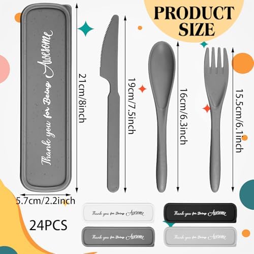 24 Pack Reusable Travel Utensils Set Case Thank You for Being Awesome Appreciation Gifts Bulk for Employee Coworker Student Portable Lunch Utensils Wheat Straw Fork Spoon Knife for Picnic(Plain Color) - Image 2