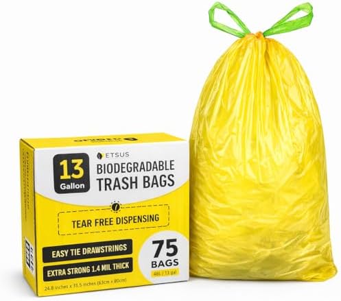 13 Gallon Biodegradable Trash Bags with Drawstring, 75 Count – 1.4 Mil Thick Plant Based Tall Kitchen Garbage Bags with Convenient Tear-free Dispensing, Heavy Duty Leak Resistant Green Garbage Liners by ETSUS